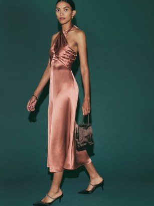 Reformation Maddison Silk Dress in Praline ~ luxe halterneck party dresses ~ feminine silky fabric evening fashion ~ glamour