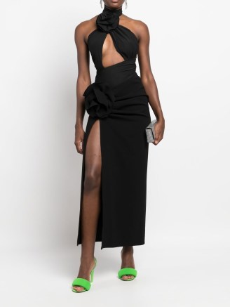 Magda Butrym floral-detail ruched midi skirt in Bblack | thigh high slit occasion skirts - flipped