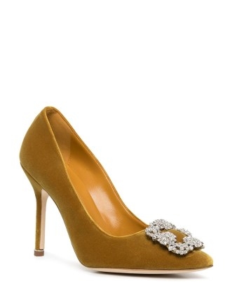 Manolo Blahnik Hangisi 105mm velvet pumps in ochre yellow – embellished buckle courts – designer occasion court shoes - flipped
