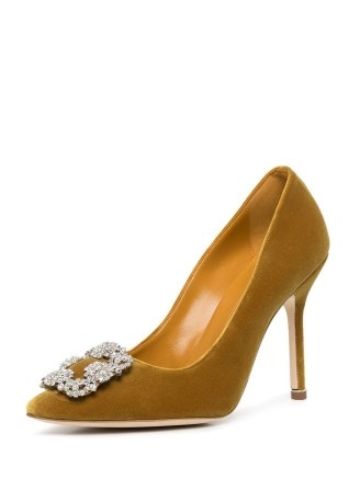 Manolo Blahnik Hangisi 105mm velvet pumps in ochre yellow – embellished buckle courts – designer occasion court shoes