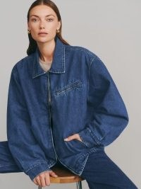Reformation Marco Bomber Jacket in Indio / women’s blue ocersized zip front jackets / womens clothes made with regenerative cotton / sustainable fashion