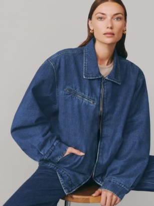 Reformation Marco Bomber Jacket in Indio / women’s blue ocersized zip front jackets / womens clothes made with regenerative cotton / sustainable fashion - flipped