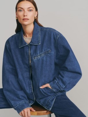 Reformation Marco Bomber Jacket in Indio / women’s blue ocersized zip front jackets / womens clothes made with regenerative cotton / sustainable fashion