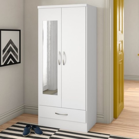 Wayfair Sayville 2 Door Manufactured Wood Wardrobe – Marlow Home Co.- Contemporary and understated – two-door wardrobe – hanging rail, one drawer, and a full-length mirror - flipped