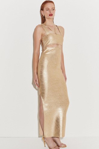 KAREN MILLEN Metallic Bandage Maxi Dress in gold ~ metallic cut out occasion dresses ~ high octane evening glamour ~ women’s glamorous party clothes - flipped