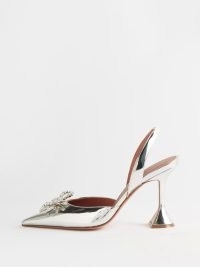 AMINA MUADDI Rosie 95 mirrored-leather slingback pumps in silver ~ metallic martini glass heels ~ luxe evening slingbacks with crystal bow ~ flared heel occasion shoes