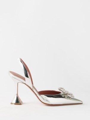 AMINA MUADDI Rosie 95 mirrored-leather slingback pumps in silver ~ metallic martini glass heels ~ luxe evening slingbacks with crystal bow ~ flared heel occasion shoes - flipped
