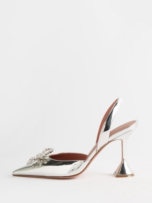 AMINA MUADDI Rosie 95 mirrored-leather slingback pumps in silver ~ metallic martini glass heels ~ luxe evening slingbacks with crystal bow ~ flared heel occasion shoes