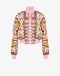 MOSCHINO MILITARY TEDDY SCARF SILK BOMBER JACKET PINK | women’s printed zip front jackets