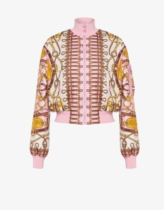 MOSCHINO MILITARY TEDDY SCARF SILK BOMBER JACKET PINK | women’s printed zip front jackets - flipped