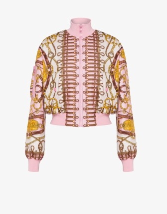MOSCHINO MILITARY TEDDY SCARF SILK BOMBER JACKET PINK | women’s printed zip front jackets