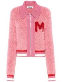 Miu Miu pink bouclé zip-up cardigan ~ textured front zipped cardigans ~ collared cardi ~ women’s vintage style knitwear ~ womens retro inspired knits