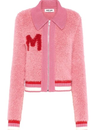 Miu Miu pink bouclé zip-up cardigan ~ textured front zipped cardigans ~ collared cardi ~ women’s vintage style knitwear ~ womens retro inspired knits - flipped
