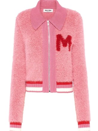 Miu Miu pink bouclé zip-up cardigan ~ textured front zipped cardigans ~ collared cardi ~ women’s vintage style knitwear ~ womens retro inspired knits