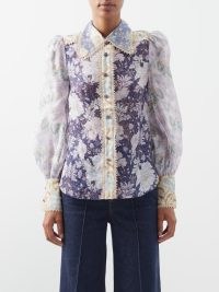 ZIMMERMANN Celestial Spliced floral-print linen-blend blouse in navy / feminine vintage inspired lace trimmed blouses