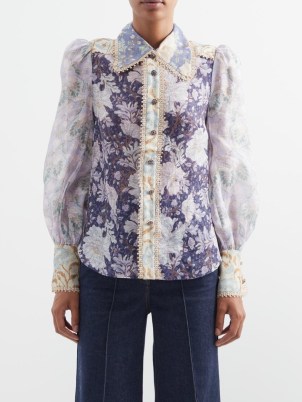ZIMMERMANN Celestial Spliced floral-print linen-blend blouse in navy / feminine vintage inspired lace trimmed blouses - flipped