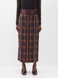GUCCI High-waist belted zip-front wool tartan skirt in navy / dark blue checked ankle length skirts