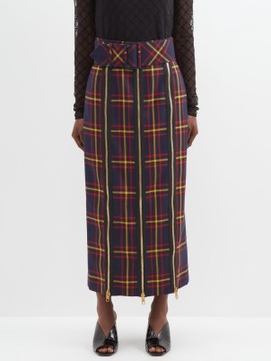 GUCCI High-waist belted zip-front wool tartan skirt in navy / dark blue checked ankle length skirts - flipped