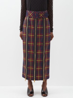 GUCCI High-waist belted zip-front wool tartan skirt in navy / dark blue checked ankle length skirts