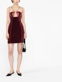 Nensi Dojaka spaghetti-straps cut-out velvet minidress in burgundy | strappy sheer panel cutout evening dresses | luxe plunge front party fashion