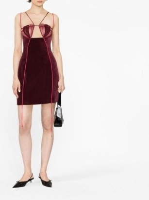 Nensi Dojaka spaghetti-straps cut-out velvet minidress in burgundy | strappy sheer panel cutout evening dresses | luxe plunge front party fashion