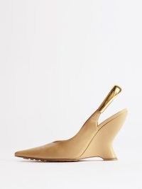 BOTTEGA VENETA Punta 100 metal-slingback leather wedges pumps in cream – luxe wedged heel slingbacks – sculptural heels