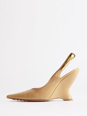 BOTTEGA VENETA Punta 100 metal-slingback leather wedges pumps in cream – luxe wedged heel slingbacks – sculptural heels