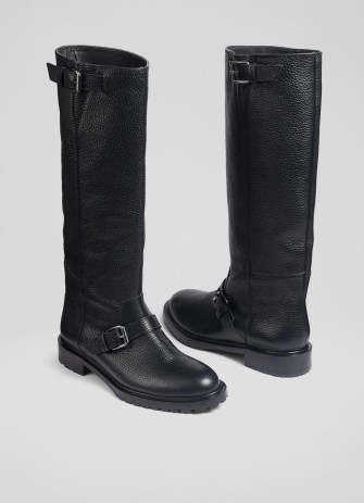 L.K. BENNETT Noemi Black Leather Knee-High Biker Boots ~ women’s moto style buckle detail footwear - flipped
