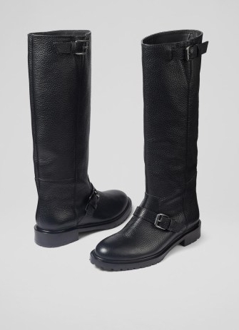 L.K. BENNETT Noemi Black Leather Knee-High Biker Boots ~ women’s moto style buckle detail footwear