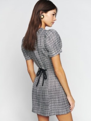 Reformation Olivette Dress in Black / White Tweed – slim fit short puff sleeved button front dresses – tie back detail - flipped