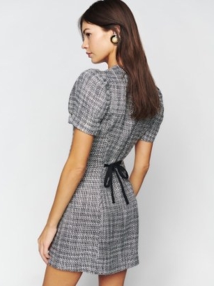 Reformation Olivette Dress in Black / White Tweed – slim fit short puff sleeved button front dresses – tie back detail