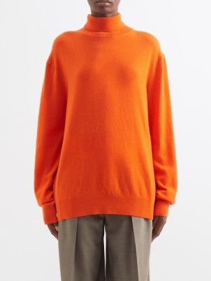 THE ROW Ciba cashmere roll-neck sweater in orange / vibrant relaxed fit high neck sweaters / women’s luxury drop shoulder jumpers