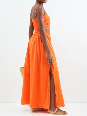BIRD & KNOLL Ocean cotton-blend maxi skirt in orange / vibrant side slit skirts - flipped