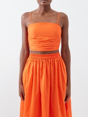 BIRD & KNOLL Rose ruched cotton-blend cropped top in orange / skinny strap crop tops / spaghetti shoulder strap - flipped