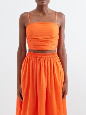 BIRD & KNOLL Rose ruched cotton-blend cropped top in orange / skinny strap crop tops / spaghetti shoulder strap