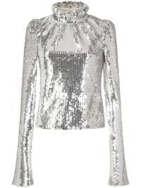 Paco Rabanne frill-neck sequined top in silver tone ~ women’s long sleeve high neck sequinned tops ~ womens luxe designer evening clothes ~ glittering party fashion