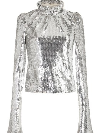 Paco Rabanne frill-neck sequined top in silver tone ~ women’s long sleeve high neck sequinned tops ~ womens luxe designer evening clothes ~ glittering party fashion - flipped