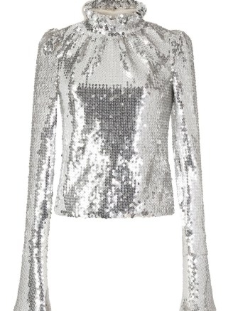 Paco Rabanne frill-neck sequined top in silver tone ~ women’s long sleeve high neck sequinned tops ~ womens luxe designer evening clothes ~ glittering party fashion