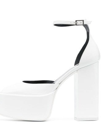 Paris Texas Jane 130mm platform pumps in optical white | high block heel platforms | retro ankle strap shoes | chunky vintage style heels
