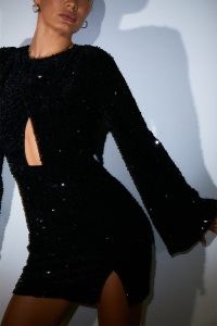 PERRIE SIAN BLACK VELVET SEQUIN WRAP CUT OUT FLARED SLEEVE MINI DRESS / sequinned flared sleeve party dresses