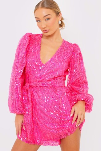 PERRIE SIAN PREMIUM PINK SEQUIN WRAP MINI DRESS / sequinned tie waist party dresses - flipped