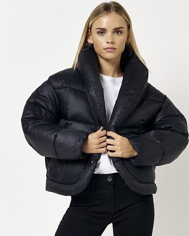 RIVER ISLAND PETITE BLACK PUFFER COAT ~ womens on-trend padded jackets ~ women’s short length winter coats - flipped