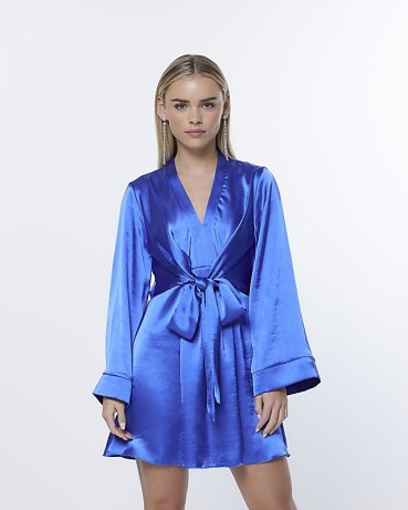 RIVER ISLAND PETITE BLUE SATIN TIE FRONT MINI DRESS ~ women’s smooth and silky look party dresses - flipped