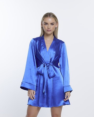 RIVER ISLAND PETITE BLUE SATIN TIE FRONT MINI DRESS ~ women’s smooth and silky look party dresses