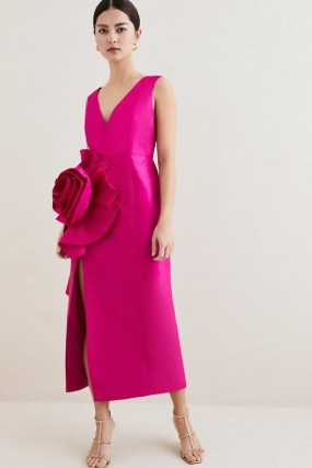 KAREN MILLEN Petite Rosette Taffeta Column Midi Dress in Pink ~ 3D floral embellished occasion dresses - flipped
