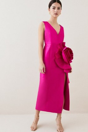 KAREN MILLEN Petite Rosette Taffeta Column Midi Dress in Pink ~ 3D floral embellished occasion dresses