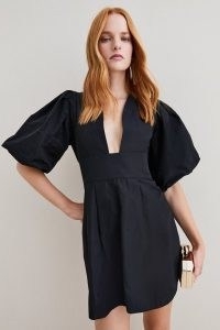 KAREN MILLEN Petite Taffeta Puff Sleeve Woven Mini Dress in Black ~ short balloon sleeved LBD ~ deep plunge front party dresses