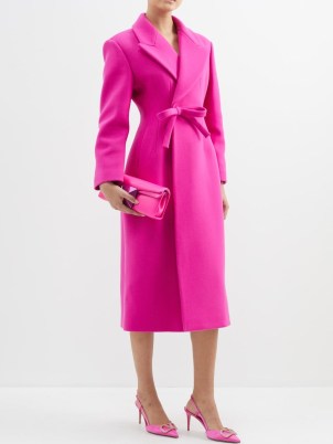 VALENTINO Bow-waist peak-lapel wool-blend wrap coat in pink ~ fuchsia coats ~ ladylike outerwear - flipped
