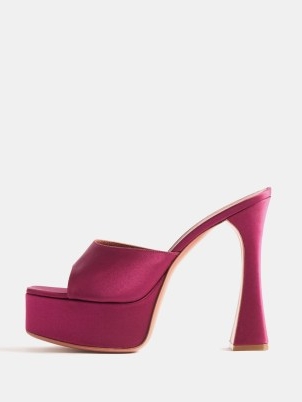 AMINA MUADDI Dalida 140 satin platform sandals in pink | luxe high heel open toe mules | luxury evening mule platforms