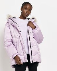 RIVER ISLAND PINK FAUX FUR HOODED PUFFER JACKET ~ women’s quilted zip front winter jackets